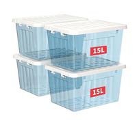 Cetomo 15L*4 Scatole di Stoccaggio con Coperchi, Contenitori in Plastica con Fibbie di Chiusura, Clip On, Impilabili, Incastonabili, Organizzatore a Righe per Casa Ufficio, Blu Chiaro, 15L-4 Pezzi