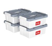 Cetomo 15L*4 Scatole di Stoccaggio in Plastica, Scatole Portaoggetti con Coperchio, Organizzatore con Manico, Contenitori per Casa e Ufficio, Impilabile, Resistente, Bianco, 15L - Confezione da 4
