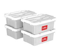 Cetomo 15L*4 Scatole di Stoccaggio in Plastica, Scatole Portaoggetti con Coperchio, Organizzatore con Manico, Contenitori per Casa e Ufficio, Impilabile, Resistente, Grigio, 15L - Confezione da 4