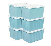 Cetomo 15L*6 Scatole di Stoccaggio con Coperchi, Contenitori in Plastica con Fibbie di Chiusura, Clip On, Impilabili, Incastonabili, Organizzatore a Righe per Casa Ufficio, Blu, 15L-6 Pezzi