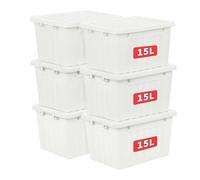 Cetomo 15L*6 Scatole di Stoccaggio con Coperchi, Contenitori in Plastica con Fibbie di Chiusura, Clip On, Impilabili, Incastonabili, Organizzatore a Righe per Casa Ufficio, Bianco, 15L-6 Pezzi