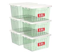 Cetomo 15L*6 Scatole di Stoccaggio con Coperchi, Contenitori in Plastica con Fibbie di Chiusura, Clip On, Impilabili, Incastonabili, Organizzatore a Righe per Casa Ufficio, Verde Chiaro, 15L-6 Pezzi