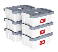 Cetomo 15L*6 Scatole di Stoccaggio in Plastica, Scatole Portaoggetti con Coperchio, Organizzatore con Manico, Contenitori per Casa e Ufficio, Impilabile, Resistente, Bianco, 15L - Confezione da 6
