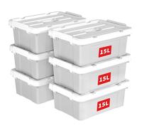 Cetomo 15L*6 Scatole di Stoccaggio in Plastica, Scatole Portaoggetti con Coperchio, Organizzatore con Manico, Contenitori per Casa e Ufficio, Impilabile, Resistente, Grigio, 15L - Confezione da 6