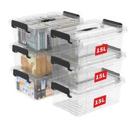 Cetomo 15L*6 Scatole di Stoccaggio in Plastica, Scatole Portaoggetti con Coperchio, Organizzatore con Manico, Contenitori per Casa e Ufficio, Impilabile, Resistente, Trasparente, 15L - Confezione da 6