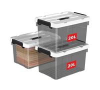 Cetomo 20L*3 Scatole di Stoccaggio in Plastica, Scatole Portaoggetti con Coperchio, Organizzatore con Manico, Contenitori per Casa e Ufficio, Impilabile, Resistente, Nero Chiaro, 20L - Confezione da 3