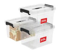 Cetomo 20L*3 Scatole di Stoccaggio in Plastica, Scatole Portaoggetti con Coperchio, Organizzatore con Manico, Contenitori per Casa e Ufficio, Impilabile, Resistente, Trasparente, 20L - Confezione da 3