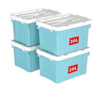Cetomo 20L*4 Scatole di Stoccaggio in Plastica, Scatole Portaoggetti con Coperchio, Organizzatore con Manico, Contenitori per Casa e Ufficio, Impilabile, Resistente, Blu, 20L - Confezione da 4