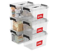 Cetomo 20L*6 Scatole di Stoccaggio in Plastica, Scatole Portaoggetti con Coperchio, Organizzatore con Manico, Contenitori per Casa e Ufficio, Impilabile, Resistente, Trasparente, 20L - Confezione da 6