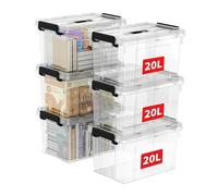 Cetomo 20L*6 Scatole di Stoccaggio in Plastica, Scatole Portaoggetti con Coperchio, Organizzatore con Manico, Contenitori per Casa e Ufficio, Impilabile, Resistente, Trasparente, 20L - Confezione da 6