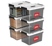 Cetomo 20L*6 Scatole di Stoccaggio in Plastica, Scatole Portaoggetti con Coperchio, Organizzatore con Manico, Contenitori per Casa e Ufficio, Impilabile, Resistente, Nero Chiaro, 20L - Confezione da 6
