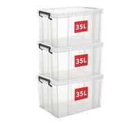 Cetomo 35L*3 Scatole di Stoccaggio, Bidone di Stoccaggio Impilabile con Coperchi, Contenitore Robusto con Angoli Rinforzati, Lati Verticali, di Plastica, Durevoli, PP, Trasparenti, 35L-3 Unità