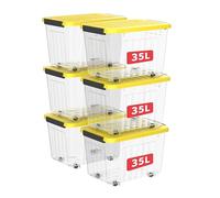 Cetomo 35L*3 Scatole di Stoccaggio con Coperchi, Contenitori in Plastica con Ruote, Clip On, Impilabili, Incastonabili, Organizzatore a Righe per Casa Ufficio, Giallo, Chiaro, 35L-3 Pezzi