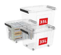 Cetomo 35L*3 Scatole di Stoccaggio con Coperchi, Contenitori in Plastica con Ruote, Clip On, Impilabili, Incastonabili, Organizzatore a Righe per Casa Ufficio, Trasparente, 35L-3 Pezzi
