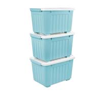 Cetomo 35L*3 Scatole di Stoccaggio con Coperchi, Contenitori in Plastica con Ruote, Clip On, Impilabili, Incastonabili, Organizzatore a Righe per Casa Ufficio, Blu, 35L-3 Pezzi
