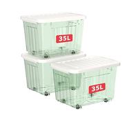 Cetomo 35L*3 Scatole di Stoccaggio con Coperchi, Contenitori in Plastica con Ruote, Clip On, Impilabili, Incastonabili, Organizzatore a Righe per Casa Ufficio, Verde Chiaro, 35L-3 Pezzi