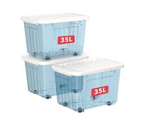 Cetomo 35L*3 Scatole di Stoccaggio con Coperchi, Contenitori in Plastica con Ruote, Clip On, Impilabili, Incastonabili, Organizzatore a Righe per Casa Ufficio, Blu Chiaro, 35L-3 Pezzi