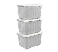 Cetomo 35L*3 Scatole di Stoccaggio con Coperchi, Contenitori in Plastica con Ruote, Clip On, Impilabili, Incastonabili, Organizzatore a Righe per Casa Ufficio, Grigio, 35L-3 Pezzi