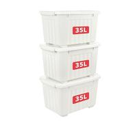 Cetomo 35L*3 Scatole di Stoccaggio con Coperchi, Contenitori in Plastica con Ruote, Clip On, Impilabili, Incastonabili, Organizzatore a Righe per Casa Ufficio, Bianco, 35L-3 Pezzi
