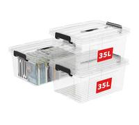 Cetomo 35L*3 Scatole di Stoccaggio in Plastica, Scatole Portaoggetti con Coperchio, Organizzatore con Manico, Contenitori per Casa e Ufficio, Impilabile, Resistente, Trasparente, 35L - Confezione da 3