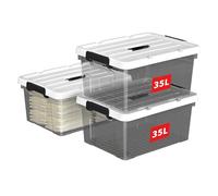 Cetomo 35L*3 Scatole di Stoccaggio in Plastica, Scatole Portaoggetti con Coperchio, Organizzatore con Manico, Contenitori per Casa e Ufficio, Impilabile, Resistente, Nero Chiaro, 35L - Confezione da 3