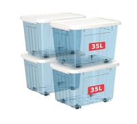 Cetomo 35L*4 Scatole di Stoccaggio con Coperchi, Contenitori in Plastica con Ruote, Clip On, Impilabili, Incastonabili, Organizzatore a Righe per Casa Ufficio, Blu Chiaro, 35L-4 Pezzi