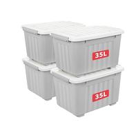 Cetomo 35L*4 Scatole di Stoccaggio con Coperchi, Contenitori in Plastica con Ruote, Clip On, Impilabili, Incastonabili, Organizzatore a Righe per Casa Ufficio, Grigio, 35L-4 Pezzi
