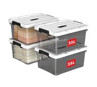 Cetomo 35L*4 Scatole di Stoccaggio in Plastica, Scatole Portaoggetti con Coperchio, Organizzatore con Manico, Contenitori per Casa e Ufficio, Impilabile, Resistente, Nero Chiaro, 35L - Confezione da 4