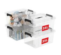 Cetomo 35L*4 Scatole di Stoccaggio in Plastica, Scatole Portaoggetti con Coperchio, Organizzatore con Manico, Contenitori per Casa e Ufficio, Impilabile, Resistente, Trasparente, 35L - Confezione da 4