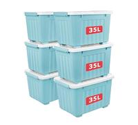 Cetomo 35L*6 Scatole di Stoccaggio con Coperchi, Contenitori in Plastica con Ruote, Clip On, Impilabili, Incastonabili, Organizzatore a Righe per Casa Ufficio, Blu, 35L-6 Pezzi
