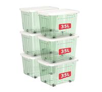 Cetomo 35L*6 Scatole di Stoccaggio con Coperchi, Contenitori in Plastica con Ruote, Clip On, Impilabili, Incastonabili, Organizzatore a Righe per Casa Ufficio, Verde Chiaro, 35L-6 Pezzi