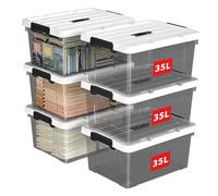 Cetomo 35L*6 Scatole di Stoccaggio in Plastica, Scatole Portaoggetti con Coperchio, Organizzatore con Manico, Contenitori per Casa e Ufficio, Impilabile, Resistente, Nero Chiaro, 35L - Confezione da 6