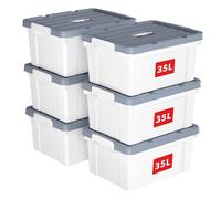 Cetomo 35L*6 Scatole di Stoccaggio in Plastica, Scatole Portaoggetti con Coperchio, Organizzatore con Manico, Contenitori per Casa e Ufficio, Impilabile, Resistente, Bianco, 35L - Confezione da 6