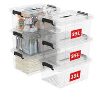 Cetomo 35L*6 Scatole di Stoccaggio in Plastica, Scatole Portaoggetti con Coperchio, Organizzatore con Manico, Contenitori per Casa e Ufficio, Impilabile, Resistente, Trasparente, 35L - Confezione da 6