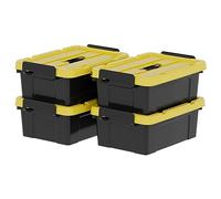 Cetomo 4 scatole portaoggetti in plastica da 15 l con coperchi, maniglia e fibbie a scatto, per attrezzi all'aperto, giardino, garage, casa, durevole, resistente, impilabile, impilabile, nero e