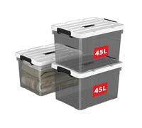 Cetomo 45L*3 Scatole di Stoccaggio in Plastica, Scatole Portaoggetti con Coperchio, Organizzatore con Manico, Contenitori per Casa e Ufficio, Impilabile, Resistente, Nero Chiaro, 45L - Confezione da 3