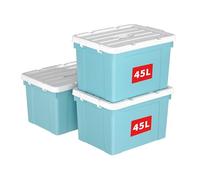 Cetomo 45L*3 Scatole di Stoccaggio in Plastica, Scatole Portaoggetti con Coperchio, Organizzatore con Manico, Contenitori per Casa e Ufficio, Impilabile, Resistente, Blu, 45L - Confezione da 3