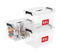 Cetomo 45L*3 Scatole di Stoccaggio in Plastica, Scatole Portaoggetti con Coperchio, Organizzatore con Manico, Contenitori per Casa e Ufficio, Impilabile, Resistente, Trasparente, 45L - Confezione da 3