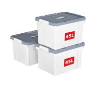 Cetomo 45L*3 Scatole di Stoccaggio in Plastica, Scatole Portaoggetti con Coperchio, Organizzatore con Manico, Contenitori per Casa e Ufficio, Impilabile, Resistente, Bianco, 45L - Confezione da 3
