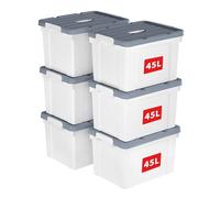 Cetomo 45L*6 Scatole di Stoccaggio in Plastica, Scatole Portaoggetti con Coperchio, Organizzatore con Manico, Contenitori per Casa e Ufficio, Impilabile, Resistente, Bianco, 45L - Confezione da 6