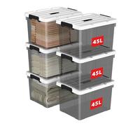 Cetomo 45L*6 Scatole di Stoccaggio in Plastica, Scatole Portaoggetti con Coperchio, Organizzatore con Manico, Contenitori per Casa e Ufficio, Impilabile, Resistente, Nero Chiaro, 45L - Confezione da 6