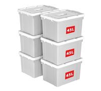 Cetomo 45L*6 Scatole di Stoccaggio in Plastica, Scatole Portaoggetti con Coperchio, Organizzatore con Manico, Contenitori per Casa e Ufficio, Impilabile, Resistente, Grigio, 45L - Confezione da 6