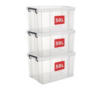 Cetomo 50L*3 Scatole di Stoccaggio, Bidone di Stoccaggio Impilabile con Coperchi, Contenitore Robusto con Angoli Rinforzati, Lati Verticali, di Plastica, Durevoli, PP, Trasparenti, 50L-3 Unità