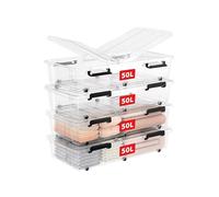 Cetomo 50L*4 Bidone di Stoccaggio con Ruote, Contenitore di Stoccaggio Sotto il Letto con Coperchi a Doppia Apertura, Contenitori in Plastica per Camera da Letto, Impilabili, Trasparente, 50L-4 Pezzi