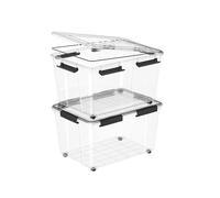 Cetomo 55L*2 Scatole ermetiche in plastica con guarnizione sigillo, ruote, coperchio, junta silicone, per garage/esterno, coperte/abiti, impermeabili, superponibili, PP trasparente, 55L (2 pezzi)