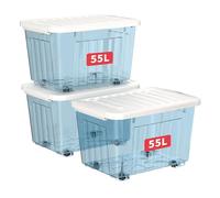 Cetomo 55L*3 Scatole di Stoccaggio con Coperchi, Contenitori in Plastica con Ruote, Clip On, Impilabili, Incastonabili, Organizzatore a Righe per Casa Ufficio, Blu Chiaro, 55L-3 Pezzi