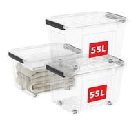 Cetomo 55L*3 Scatole di Stoccaggio con Coperchi, Contenitori in Plastica con Ruote, Clip On, Impilabili, Incastonabili, Organizzatore a Righe per Casa Ufficio, Trasparente, 55L-3 Pezzi