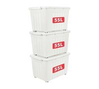 Cetomo 55L*3 Scatole di Stoccaggio con Coperchi, Contenitori in Plastica con Ruote, Clip On, Impilabili, Incastonabili, Organizzatore a Righe per Casa Ufficio, Bianco, 55L-3 Pezzi