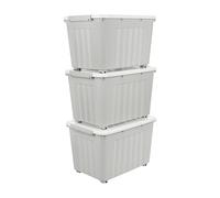 Cetomo 55L*3 Scatole di Stoccaggio con Coperchi, Contenitori in Plastica con Ruote, Clip On, Impilabili, Incastonabili, Organizzatore a Righe per Casa Ufficio, Grigio, 55L-3 Pezzi