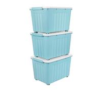 Cetomo 55L*3 Scatole di Stoccaggio con Coperchi, Contenitori in Plastica con Ruote, Clip On, Impilabili, Incastonabili, Organizzatore a Righe per Casa Ufficio, Blu, 55L-3 Pezzi